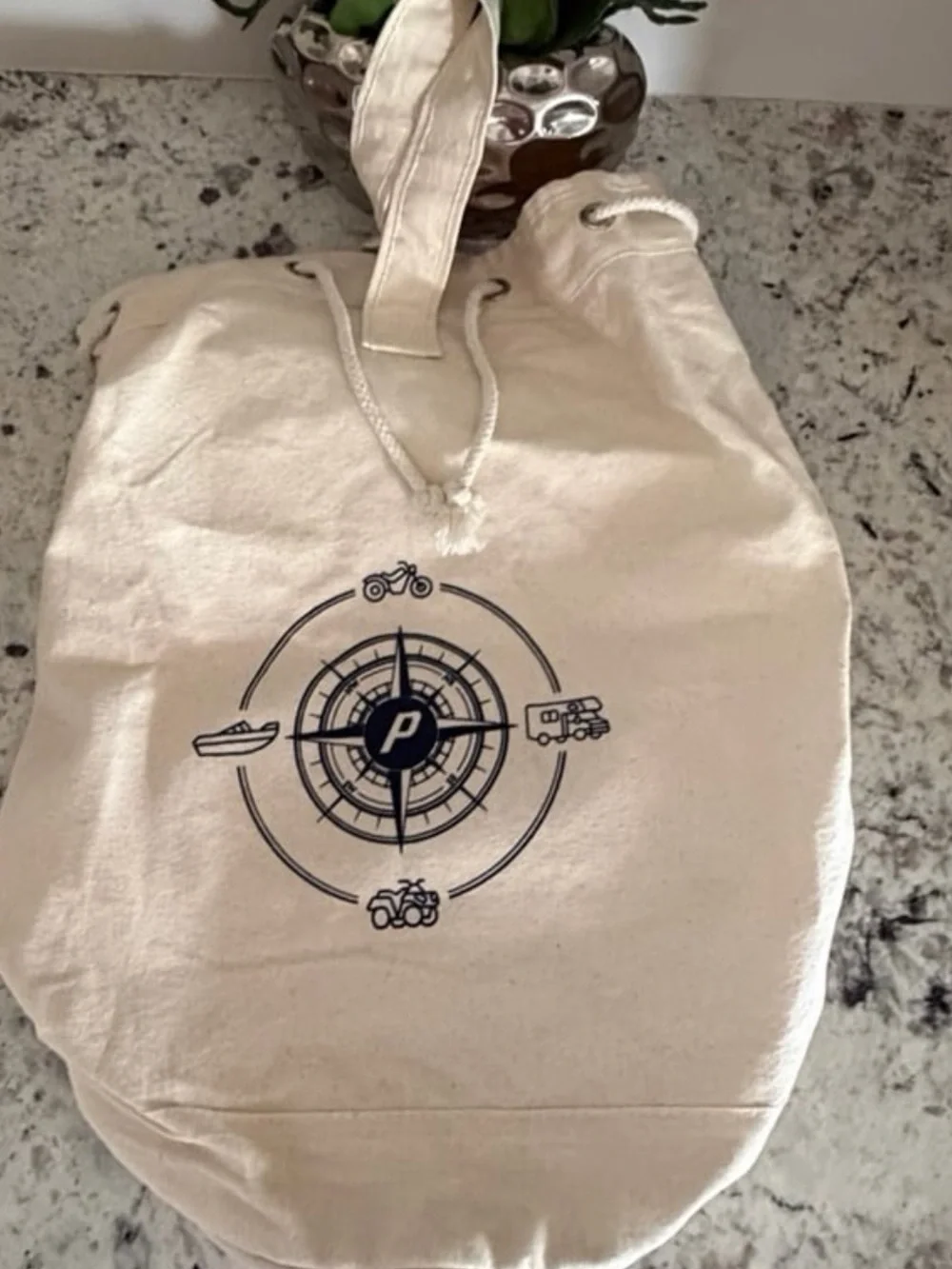 NWOT Canvas Drawstring Utility Travel Bag Compass Graphic Boat RV ATV Motorcycle